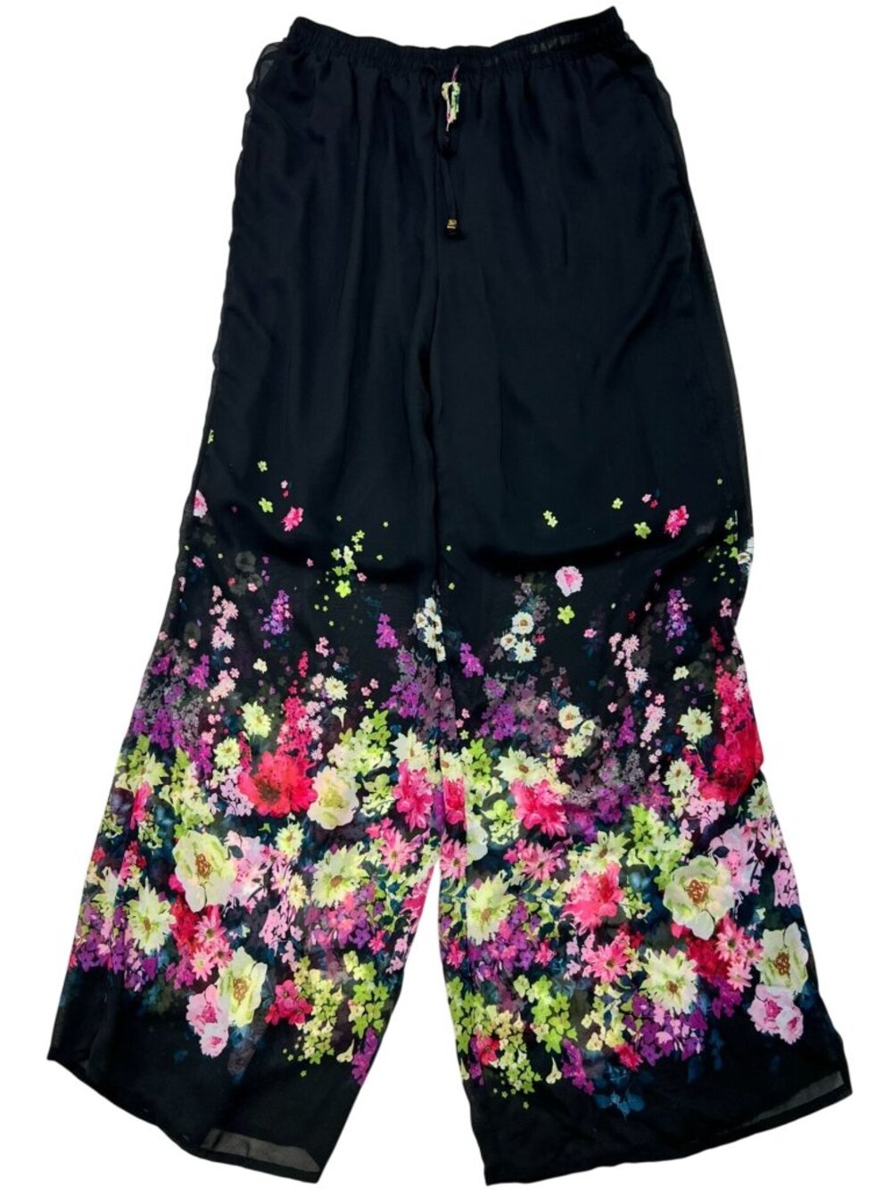 Robert Louis Women's Wide-Leg Palazzo Pants Drawstring Waist Size M Black Floral